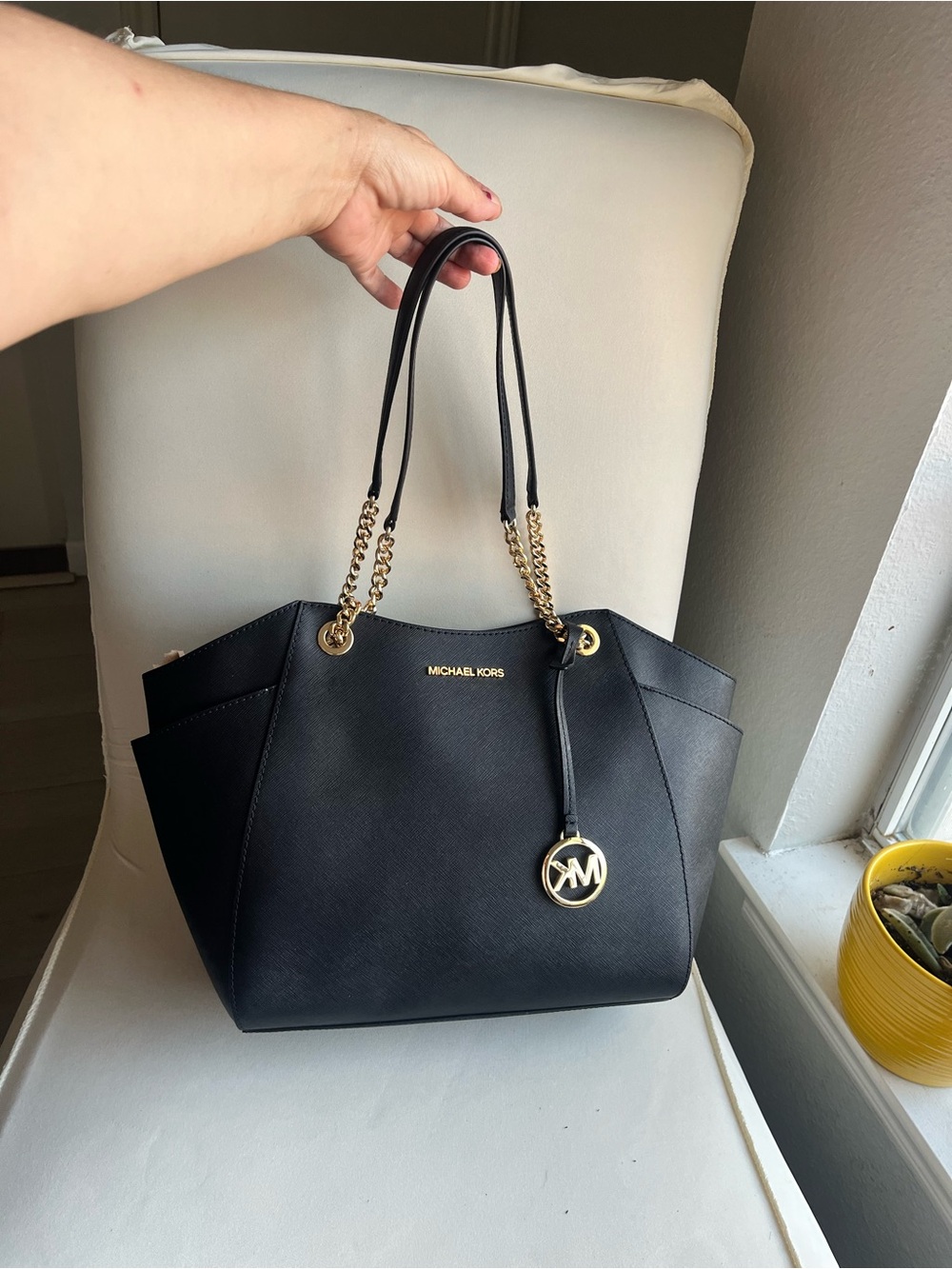 Michael Kors Black Saffiano Leather Tote with Gold Chain Detail